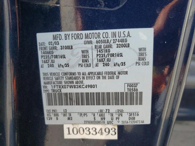 Photo 10 from auction – 2003 FORD F150 with VIN 1FTRX07W83KC49801
