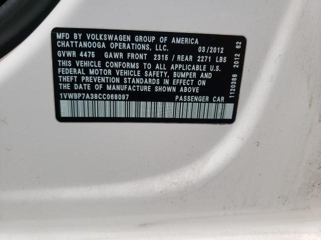 Photo 10 from auction – 2012 VOLKSWAGEN PASSAT SE with VIN 1VWBP7A38CC068097