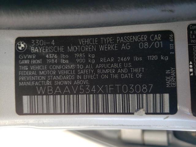Photo 10 from auction – 2001 BMW 330 I with VIN WBAAV534X1FT03087