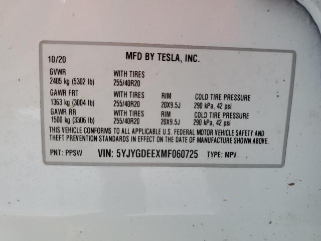 Photo 10 from auction – 2021 TESLA MODEL Y with VIN 5YJYGDEEXMF060725