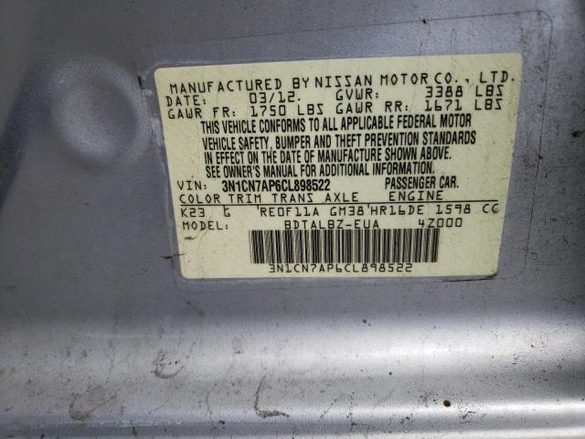 Zdjęcie 10 z aukcji – 2012 NISSAN VERSA S z VIN 3N1CN7AP6CL898522