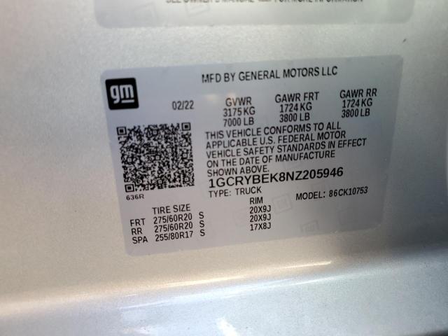 Photo 10 from auction – 2022 CHEVROLET SILVERADO with VIN 1GCRYBEK8NZ205946
