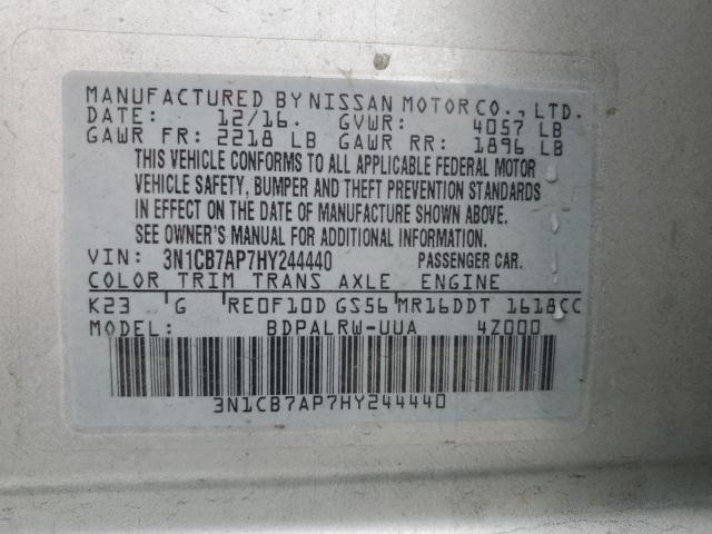 Photo 10 from auction – 2017 NISSAN SENTRA SR with VIN 3N1CB7AP7HY244440