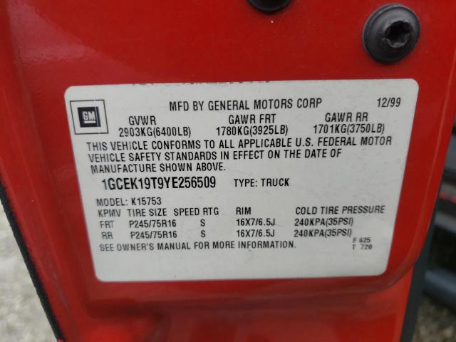 Photo 10 from auction – 2000 CHEVROLET SILVERADO with VIN 1GCEK19T9YE256509