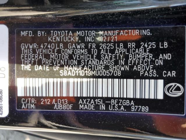 Photo 10 from auction – 2021 LEXUS ES 250 BAS with VIN 58AD11D19MU005708