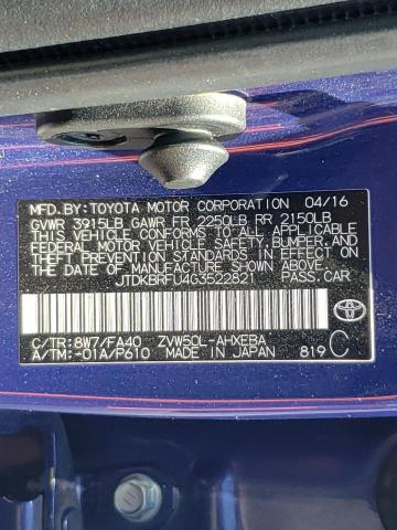 Photo 10 from auction – 2016 TOYOTA PRIUS with VIN JTDKBRFU4G3522821