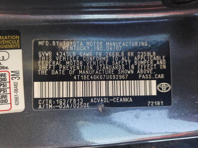 Photo 10 from auction – 2007 TOYOTA CAMRY CE with VIN 4T1BE46K67U692967