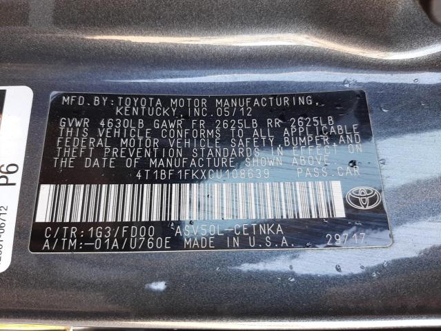 Photo 10 from auction – 2012 TOYOTA CAMRY BASE with VIN 4T1BF1FKXCU108639