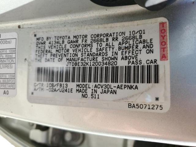 Photo 10 from auction – 2002 TOYOTA CAMRY LE with VIN JTDBE32K120034820