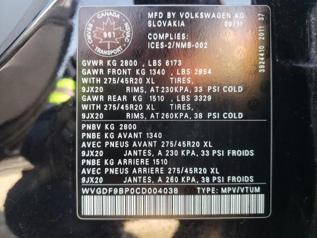 Photo 10 from auction – 2012 VOLKSWAGEN TOUAREG V6 with VIN WVGDF9BP0CD004038