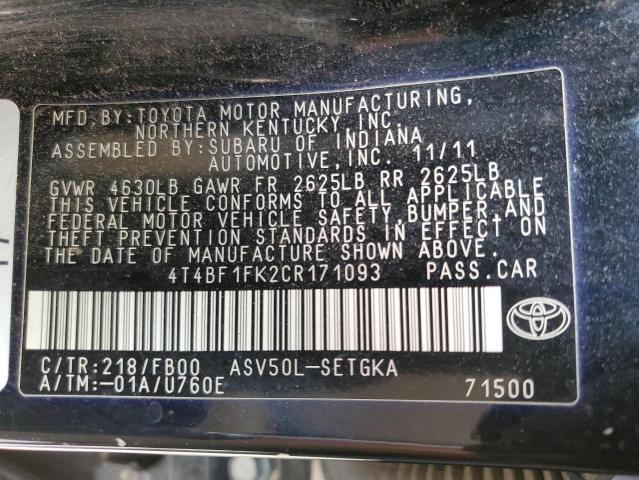 صورة رقم 10 من المزاد - 2012 TOYOTA CAMRY BASE مع VIN 4T4BF1FK2CR171093