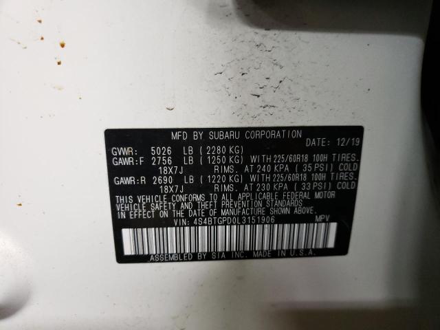 Photo 10 from auction – 2020 SUBARU OUTBACK TO with VIN 4S4BTGPD0L3151906