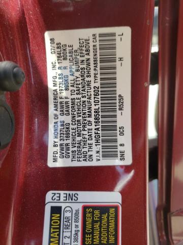 Photo 10 from auction – 2008 HONDA CIVIC EX with VIN 1HGFA16858L107602