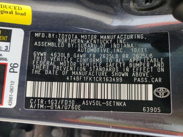 Photo 10 from auction – 2012 TOYOTA CAMRY BASE with VIN 4T4BF1FK1CR163499
