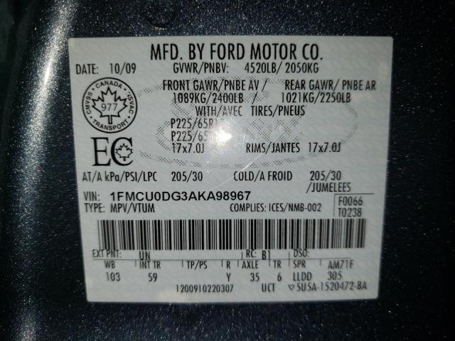 Photo 10 from auction – 2010 FORD ESCAPE XLT with VIN 1FMCU0DG3AKA98967