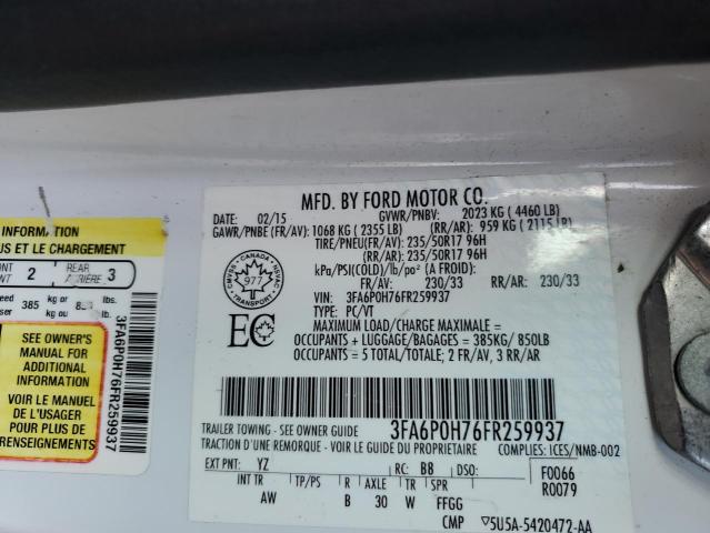 Photo 10 from auction – 2015 FORD FUSION SE with VIN 3FA6P0H76FR259937