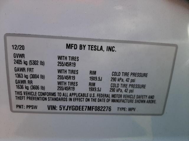 Photo 10 from auction – 2021 TESLA MODEL Y with VIN 5YJYGDEE7MF082276