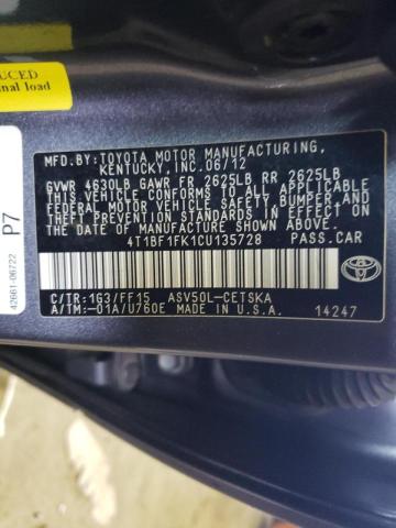 Photo 10 from auction – 2012 TOYOTA CAMRY BASE with VIN 4T1BF1FK1CU135728