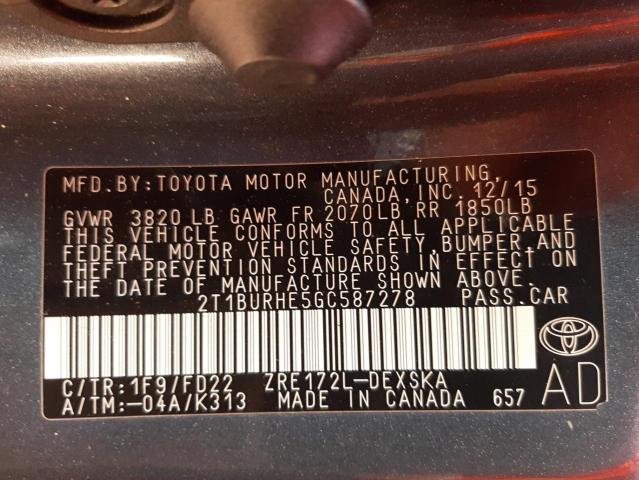 Photo 10 from auction – 2016 TOYOTA COROLLA L with VIN 2T1BURHE5GC587278