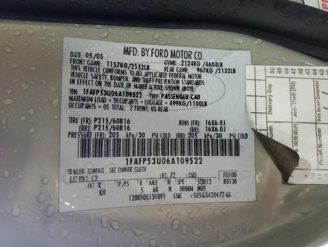 Photo 10 from auction – 2006 FORD TAURUS SE with VIN 1FAFP53U06A109522