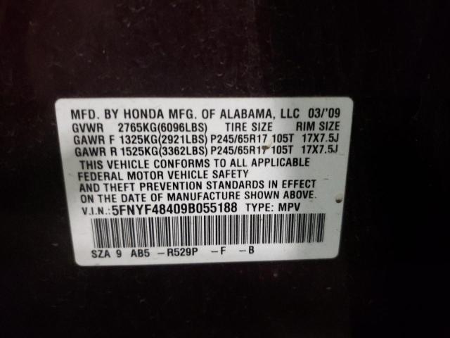 Photo 10 from auction – 2009 HONDA PILOT EX with VIN 5FNYF48409B055188