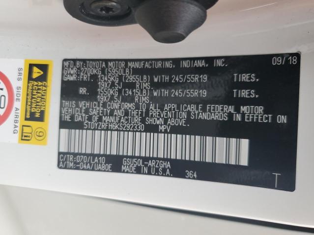 Photo 10 from auction – 2019 TOYOTA HIGHLANDER with VIN 5TDYZRFH6KS292330
