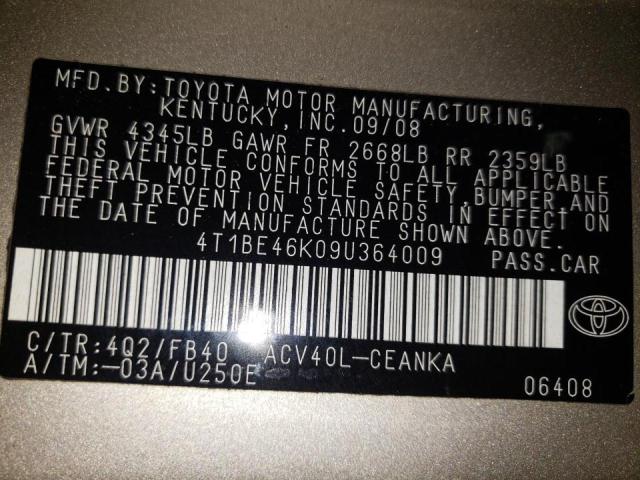 Photo 10 from auction – 2009 TOYOTA CAMRY BASE with VIN 4T1BE46K09U364009