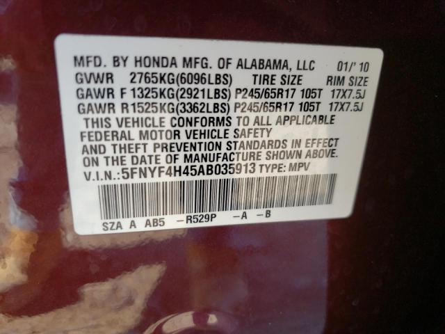 Photo 10 from auction – 2010 HONDA PILOT EX with VIN 5FNYF4H45AB035913