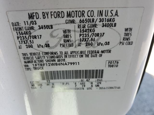 Photo 10 from auction – 2004 FORD F150 with VIN 1FTRF12W84NA79911
