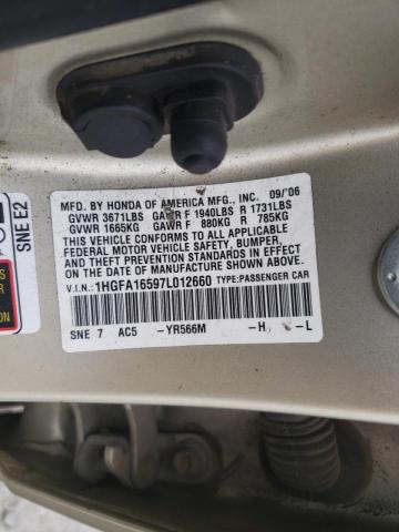 Photo 10 from auction – 2007 HONDA CIVIC with VIN 1HGFA16597L012660