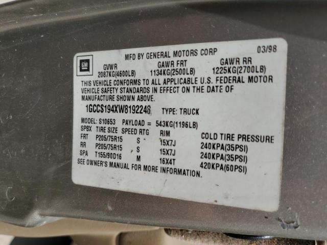 Photo 10 from auction – 1998 CHEVROLET S10 with VIN 1GCCS194XW8192248