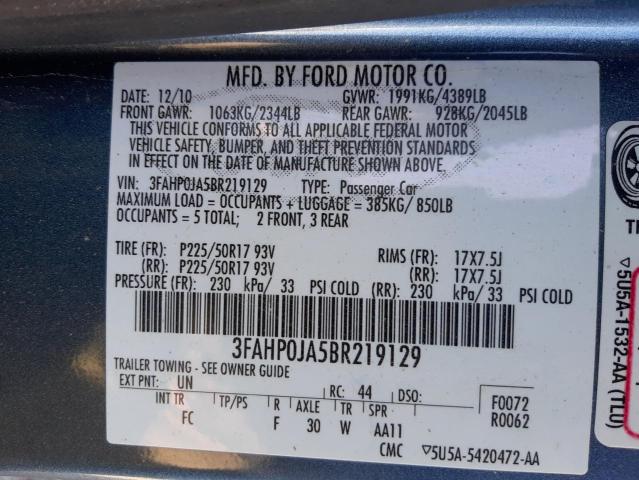 Photo 10 from auction – 2011 FORD FUSION SEL with VIN 3FAHP0JA5BR219129