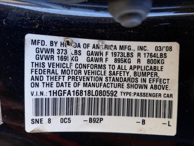 Photo 10 from auction – 2008 HONDA CIVIC EX with VIN 1HGFA16818L080592