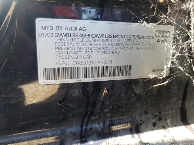 Photo 10 from auction – 2003 AUDI A4 1.8T QU with VIN WAULC68E03A287424