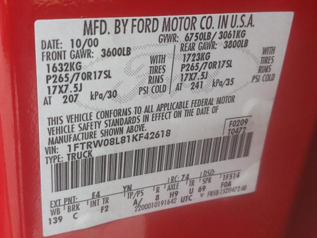Photo 10 from auction – 2001 FORD F150 SUPER with VIN 1FTRW08L81KF42618
