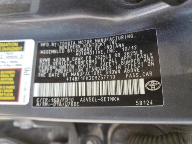 Photo 10 from auction – 2012 TOYOTA CAMRY BASE with VIN 4T4BF1FK3CR257710