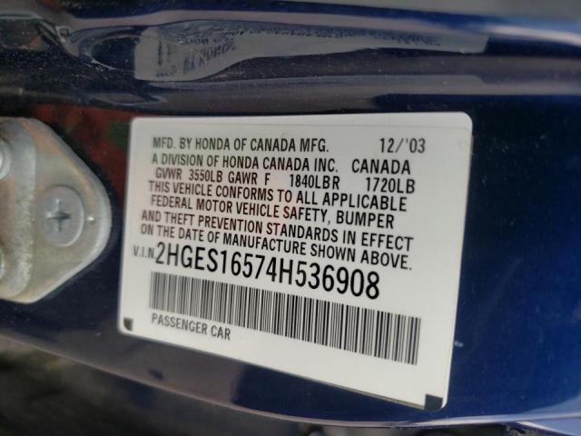 Photo 10 from auction – 2004 HONDA CIVIC LX with VIN 2HGES16574H536908