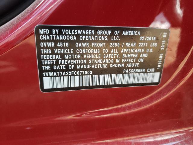 Photo 10 from auction – 2015 VOLKSWAGEN PASSAT S with VIN 1VWAT7A32FC077003