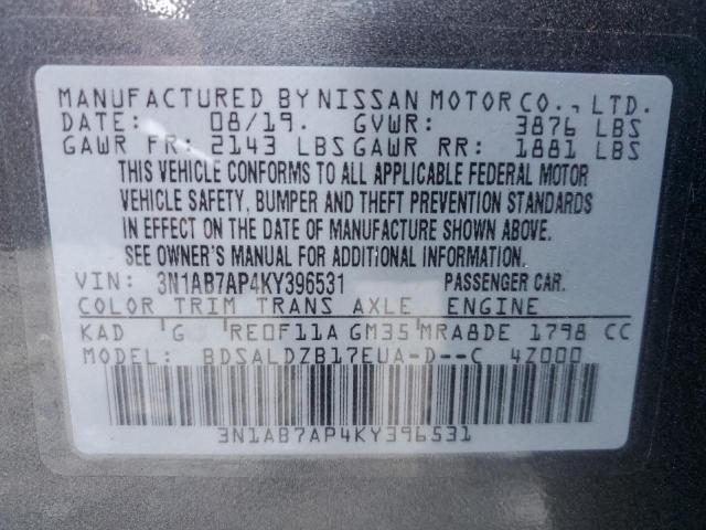 Photo 10 from auction – 2019 NISSAN SENTRA with VIN 3N1AB7AP4KY396531