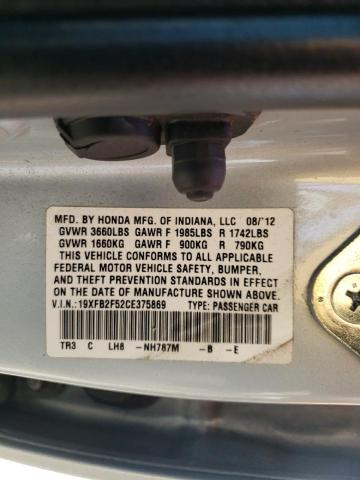 Photo 10 from auction – 2012 HONDA CIVIC LX with VIN 19XFB2F52CE375869