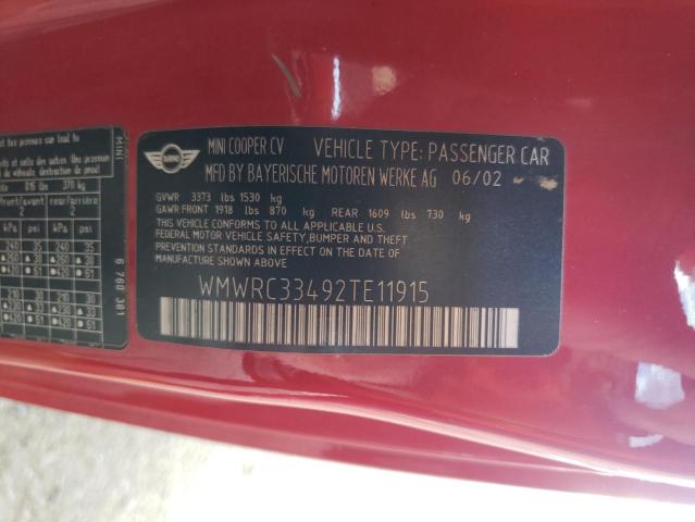 Photo 10 from auction – 2002 MINI COOPER with VIN WMWRC33492TE11915