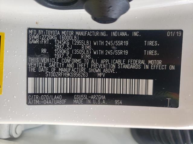 Photo 10 from auction – 2019 TOYOTA HIGHLANDER with VIN 5TDDZRFH9KS956263