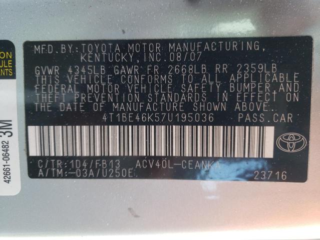 Photo 10 from auction – 2007 TOYOTA CAMRY with VIN 4T1BE46K57U195036