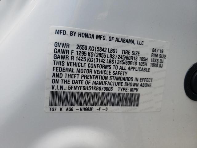 Photo 10 from auction – 2019 HONDA PILOT EXL with VIN 5FNYF6H51KB079008