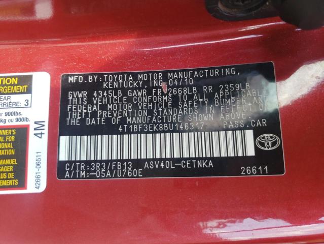 Photo 10 from auction – 2011 TOYOTA CAMRY BASE with VIN 4T1BF3EK8BU146317