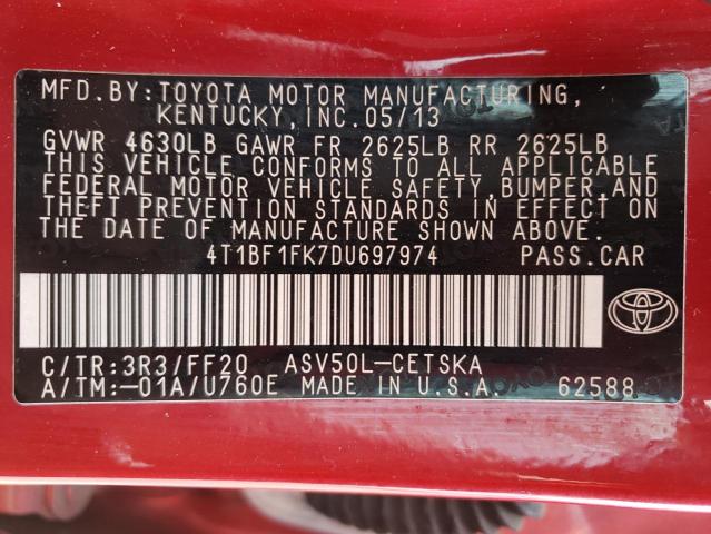 Photo 10 from auction – 2013 TOYOTA CAMRY L with VIN 4T1BF1FK7DU697974
