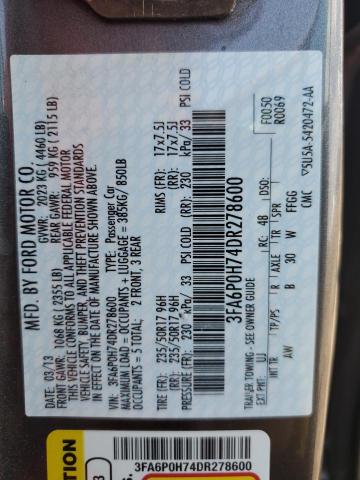 Photo 10 from auction – 2013 FORD FUSION SE with VIN 3FA6P0H74DR278600