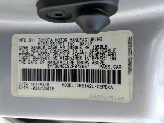 Photo 10 from auction – 2012 TOYOTA COROLLA BA with VIN 5YFBU4EE9CP072687
