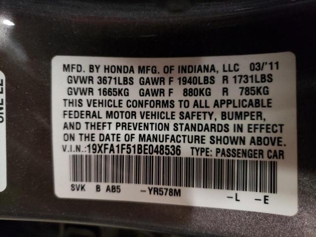 Photo 10 from auction – 2011 HONDA CIVIC LX with VIN 19XFA1F51BE048536