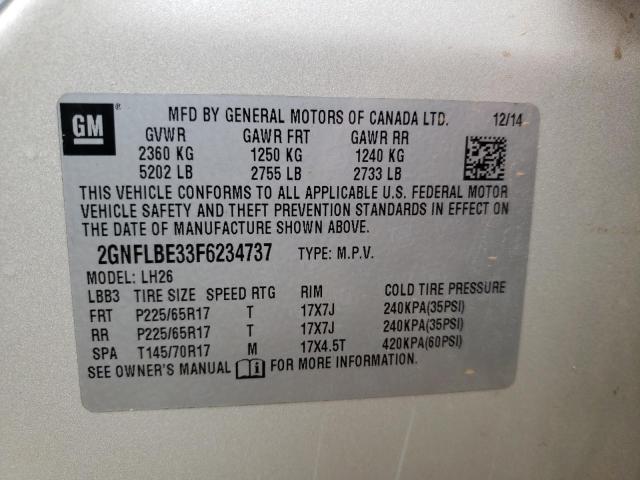 Photo 10 from auction – 2015 CHEVROLET EQUINOX LT with VIN 2GNFLBE33F6234737